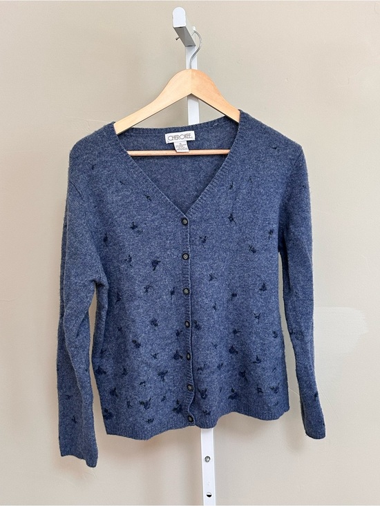 Cherokee Sweaters - Vintage Cherokee Lambswool Cardigan XL Blue Embroidered Floral 90s